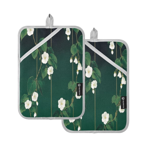 Luxurious Green Floral 7x9.8in Pot Holder Set Heat-Resistant Oven Hot Pads Durable with Storage Loop