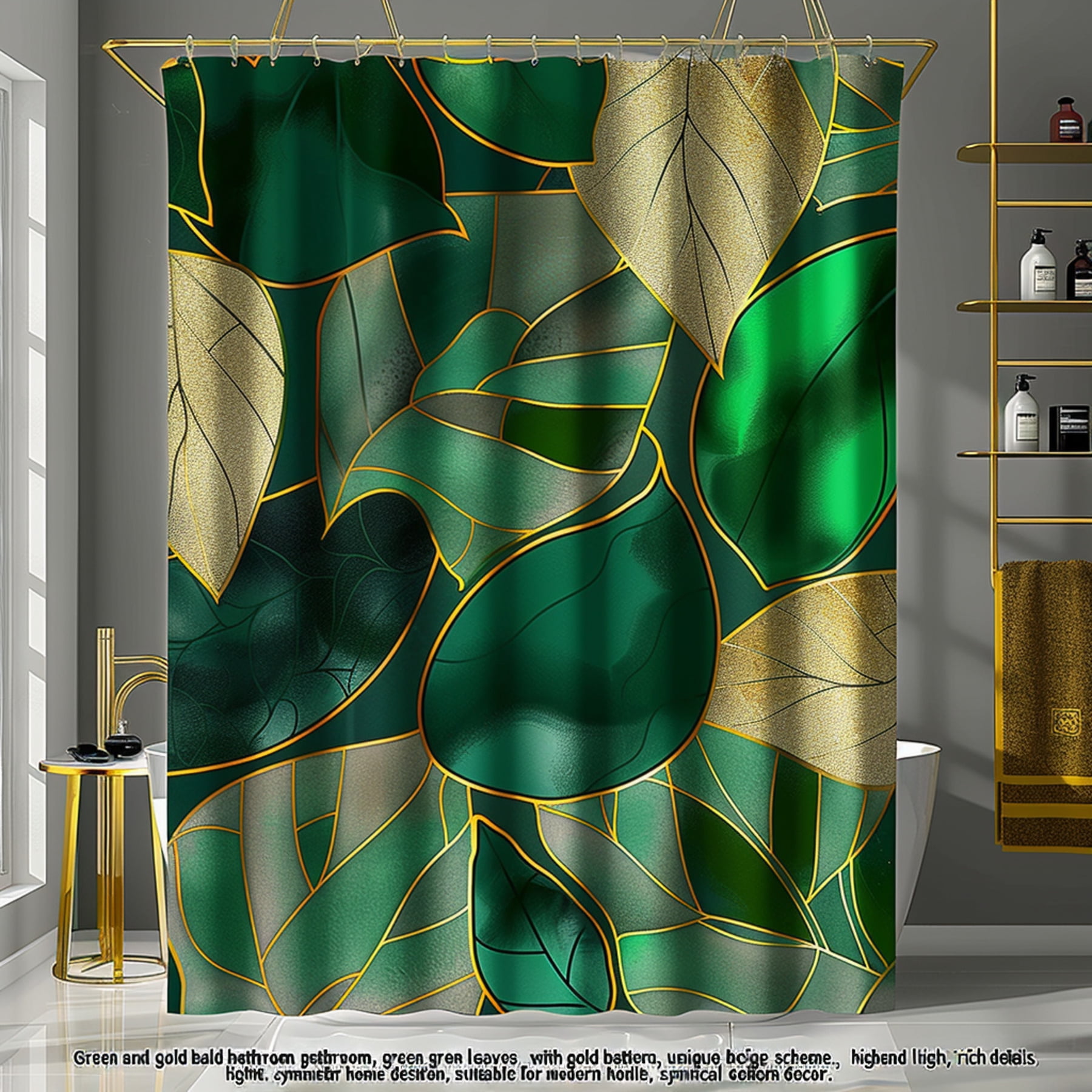 Luxurious Green and Gold Leaf Pattern Shower Curtain Elevate Your ...