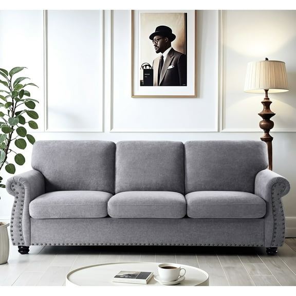 Luxurious Grey Velvet 3 With High Foam, Solid Wood Legs, Loose Back Cushions, Mid-century Modern Home Living Style Stylish Couch Apartment Furniture