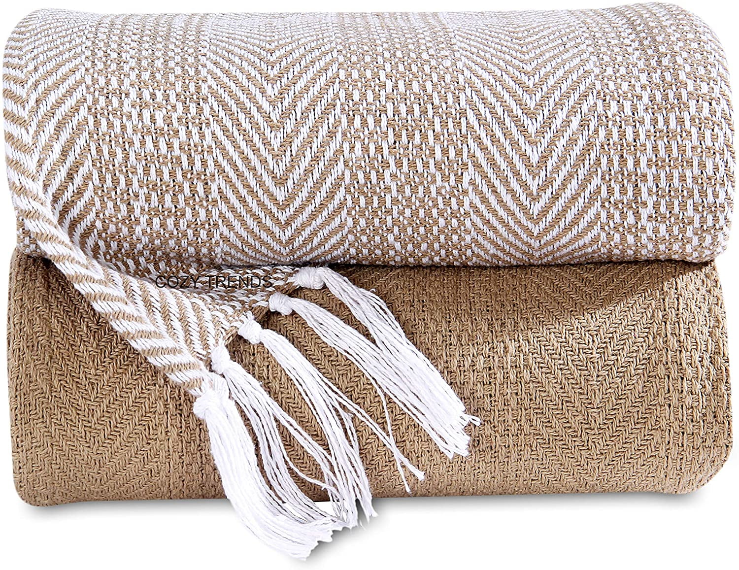 Beige and White Cotton Herringbone Throw Blanket Set 50x60 Inch