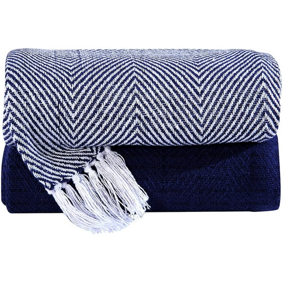 Luxurious Hand Woven Cozy Warm Combed Cotton All Season Indoor Outdoor Light Weight Fade Resistant Couch Chair Bed Throw Blankets Chevron 50x60 Inch Set of 2