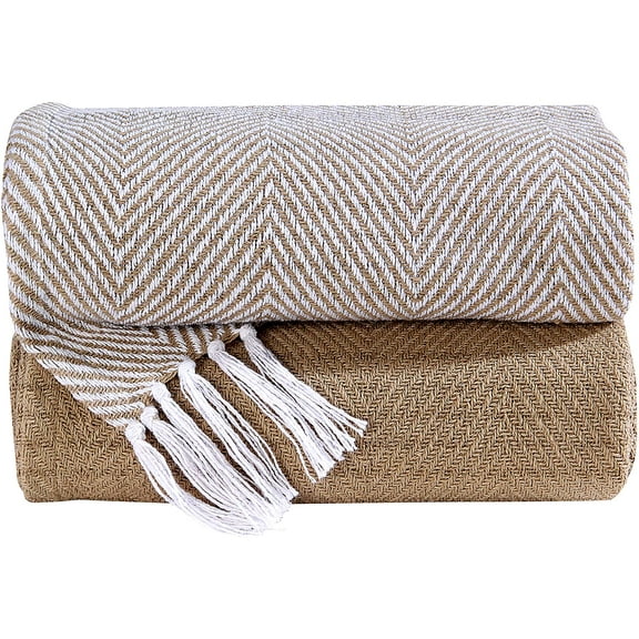 Luxurious Hand Woven Cozy Warm Combed Cotton All Season Indoor Outdoor Light Weight Fade Resistant Couch Chair Bed Throw Blankets Chevron 50x60 Inch Set of 2