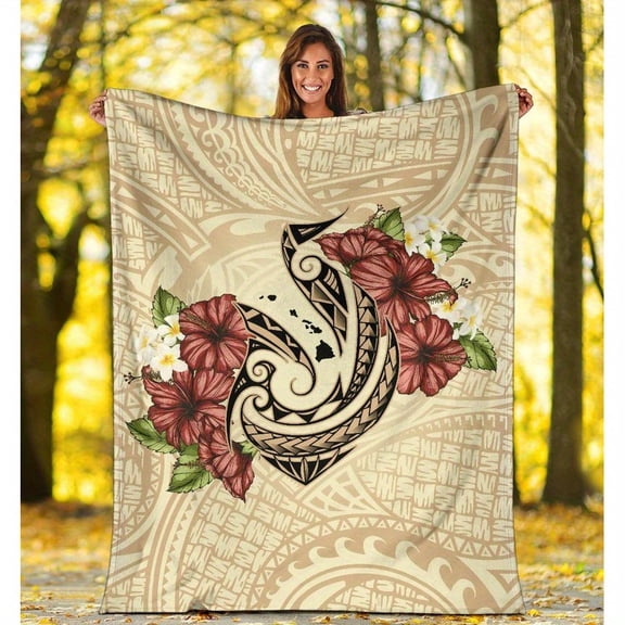 Luxurious Hawaiian Fish Hook & Hibiscus Flower Polynesian Fleece Blanket - Cozy All-Season Bedding for Napping, Camping, Travel - Ideal Gift for Friends & Family, Flannel Throw Blanke