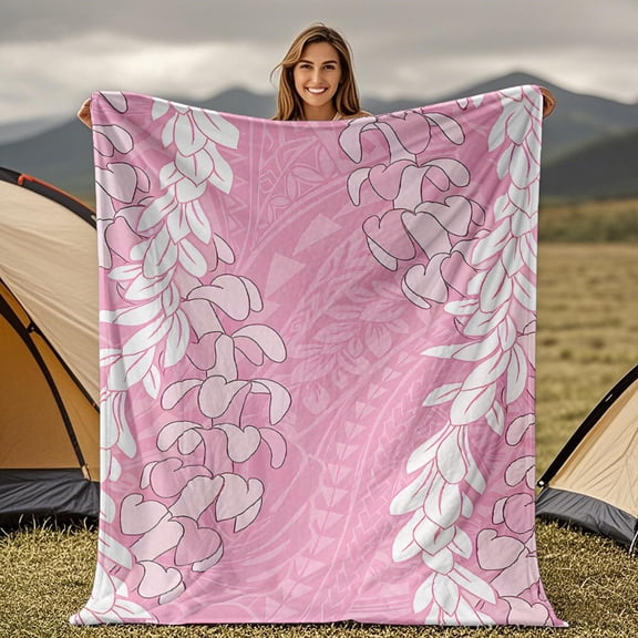 Luxurious Hawaiian Style Flannel Blanket ,Pink & White Tropical Floral & Polynesian Tribal Design, AllSeason Bedspread, Machine Washable Lightweight for Bed, Couch, Camping & Travel Modern Home Dec