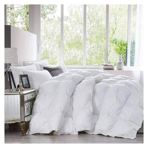 Luxurious Heavy Queen Size Goose Down Comforter Duvet Insert, Classic Pinch Pleat , 60 oz Fill Weight, 1200 Thread Count 100% Egyptian Cotton Shell (Pinch Pleat, Queen, White)