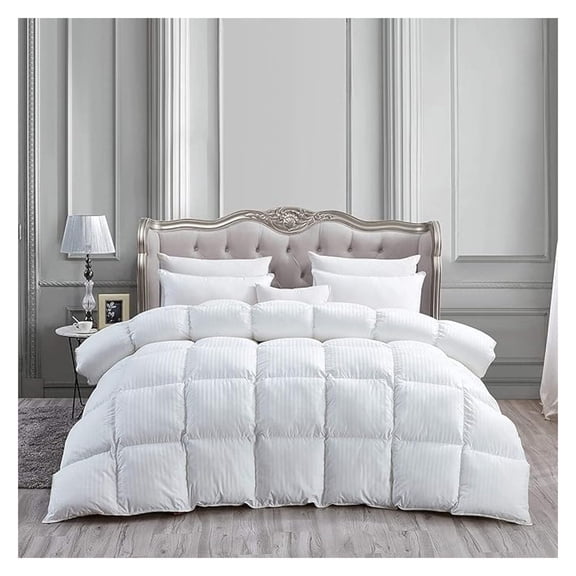 Luxurious Heavy Twin/Twin XL Size Siberian Goose Down Fiber Comforter All-Season Duvet Insert, Premium Baffle Box, 100% Egyptian Cotton, 55 oz, White Damask Striped