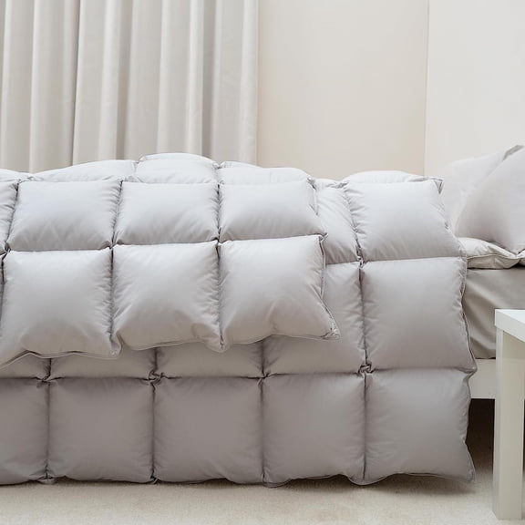 Luxurious Heavyweight Down Comforter Twin Size, Ultra-Soft Light Grey Duvet Insert, Winter Warm Quilted Bedding with Loops (68x90 Inches)