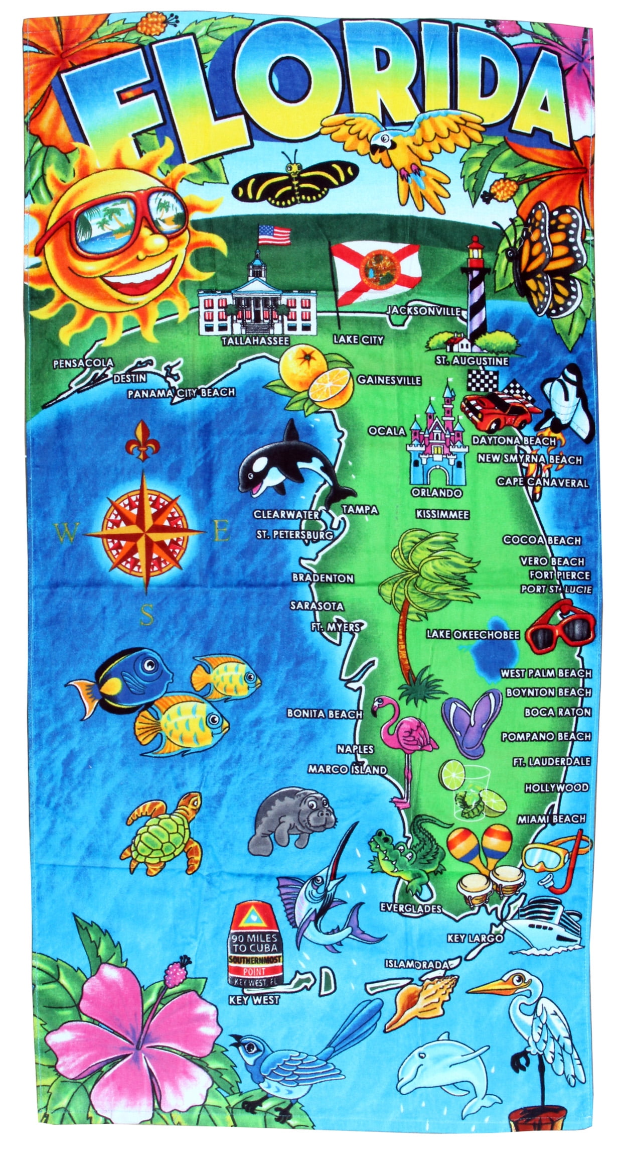 Luxurious - Hot Florida Map Sunshine State - 100% Cotton Velour Beach Towel – Soft, Absorbent, and Stylish!