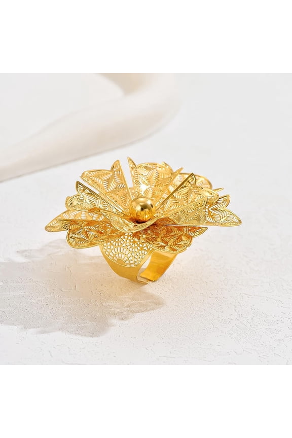 Luxurious Iron Hollow Flower Cuff Ring for WomenGoldenElegant Wedding and Party AccessoriesStylish Floral Design for Special Occasions Golden