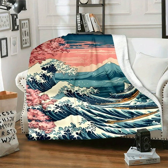 Luxurious Japanese Ukiyo-e Great Wave Print Throw Blanket - Cozy 100% Flannel, All-Season Comfort in Vibrant Colors for Bed, Sofa, Camping & Travel