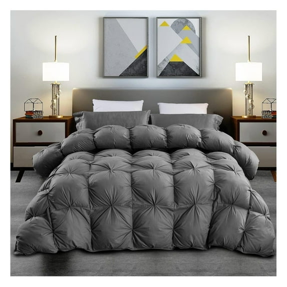 Luxurious King/California King Goose Down Comforter, UNIQUE Gray Pinch Pleat, 600 Thread Count, 100% Egyptian Cotton Cover, 75 Oz Fill Weight, 750 Fill Power
