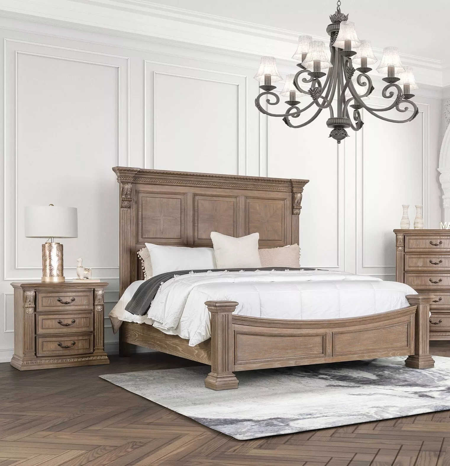 Luxurious King Size Bed 2x Nightstands Weathered Oak Posts HB FB 3pc Bedroom Set Traditional Style