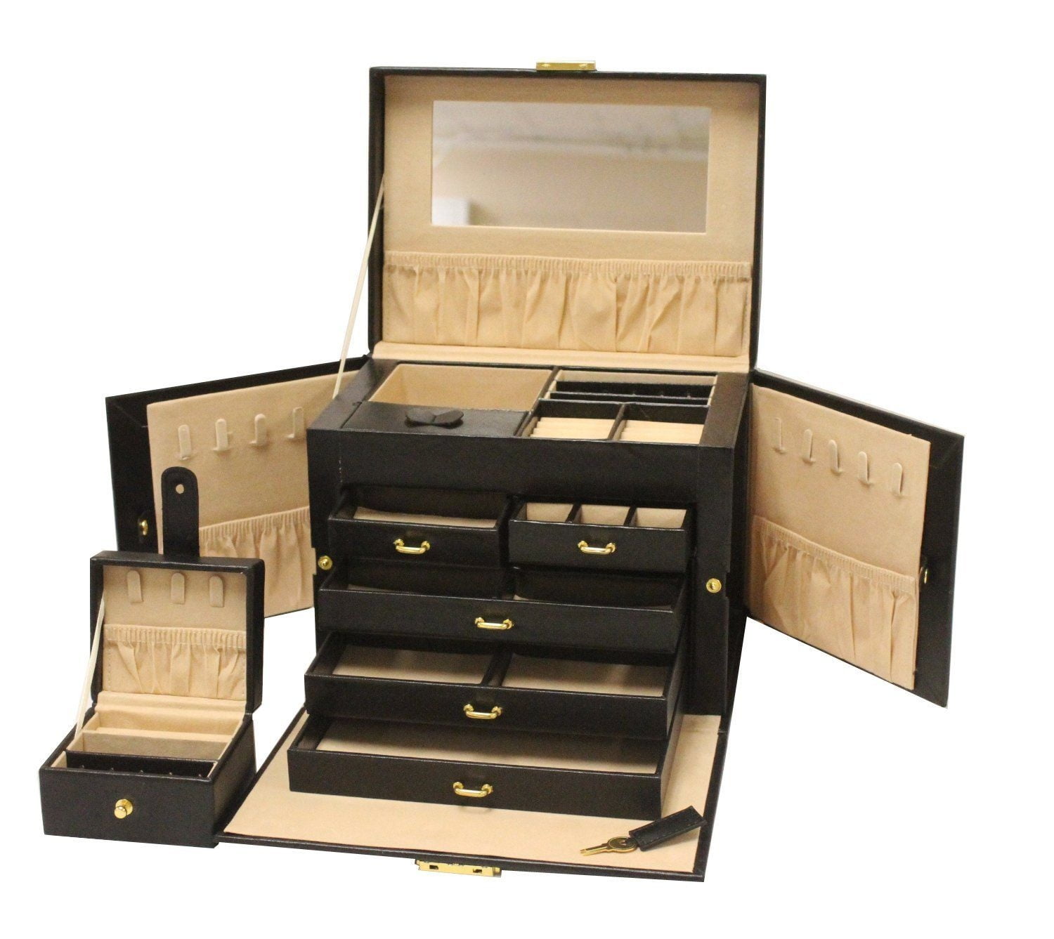 Luxurious Large Black Leather Jewelry Box Travel Case Storage with Mirror & Lock