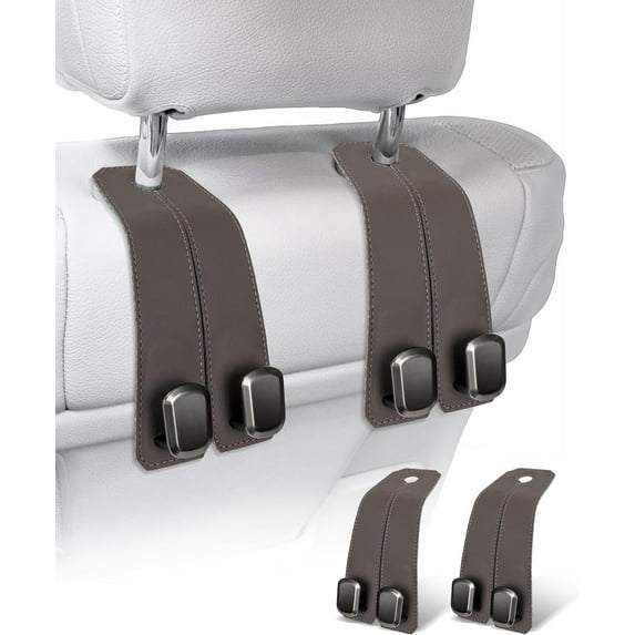 Luxurious Leather Car Purse Holder Hooks - 2PCS Multifunctional Headrest Hangers for Seat Back Storage (Brown)