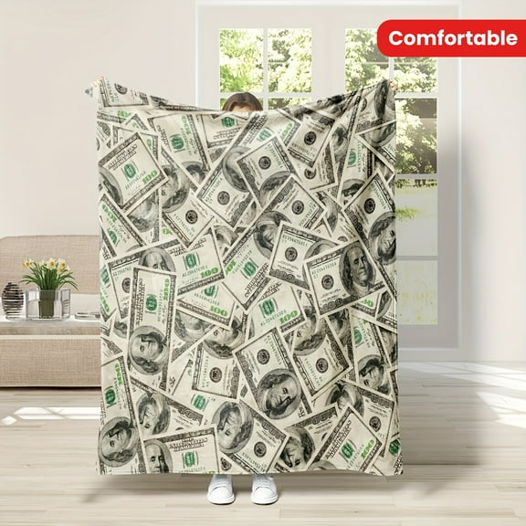 Luxurious Lodge-Themed Flannel Throw Blanket All-Season Knitted with Digital Dollar Print Design Soft Washed Feel for Napping Office School Home Picnic Travel