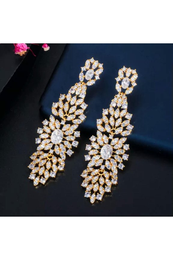 Luxurious Long Leaf Dangle Drop Earrings Yellow Gold Plated Cubic Zircon Jewelry
