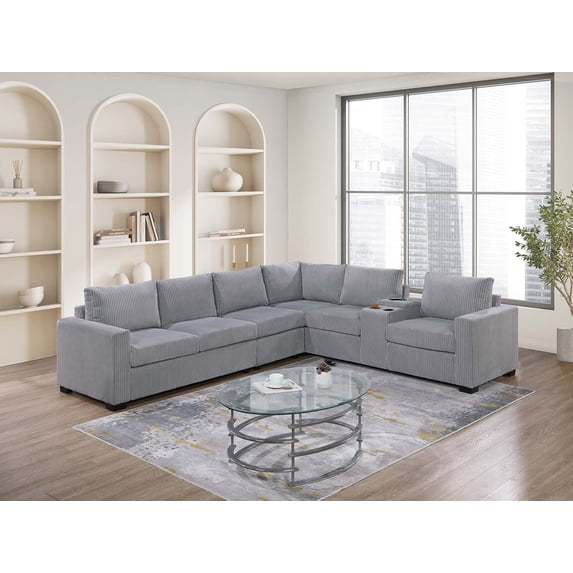 Luxurious Look 4pc Sectional Sofa Set W Console Cup Holder Light Gray Corduroy Plush Cushion Texture Couch Living Room