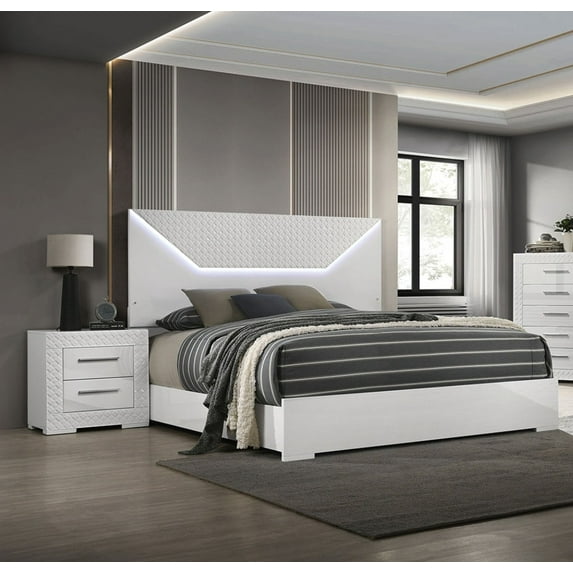 Luxurious Look White High Gloss Bedroom Queen Size Bed w LED 2x Nightstands 3pc Set Wooden Furniture