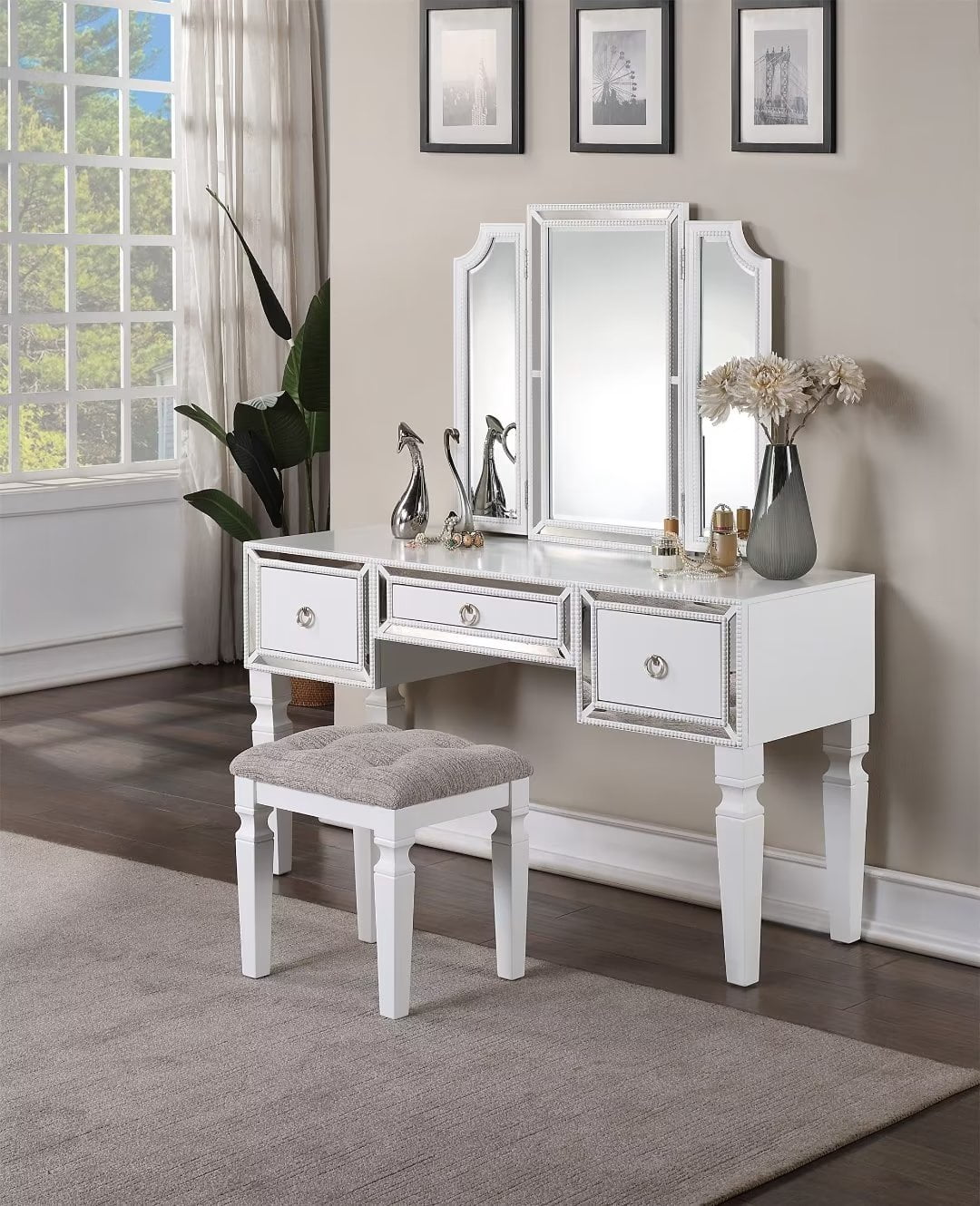 Luxurious Makeup Vanity Table Set with 3 Drawers, Tri-Fold Mirror, 1 ...