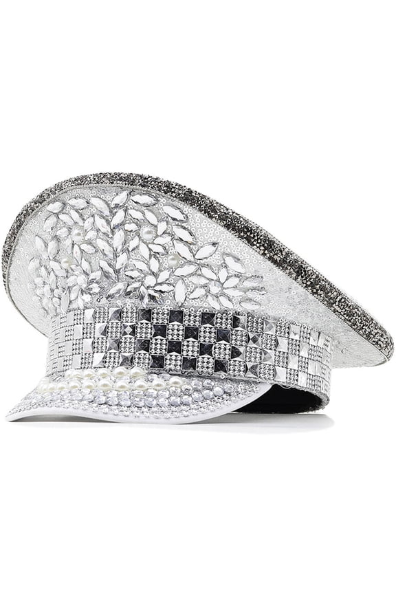 Luxurious Marine Hat with Decorative Rhinestones and Rivet Studded Cool Styles Top Hat for Music Festival Gathering