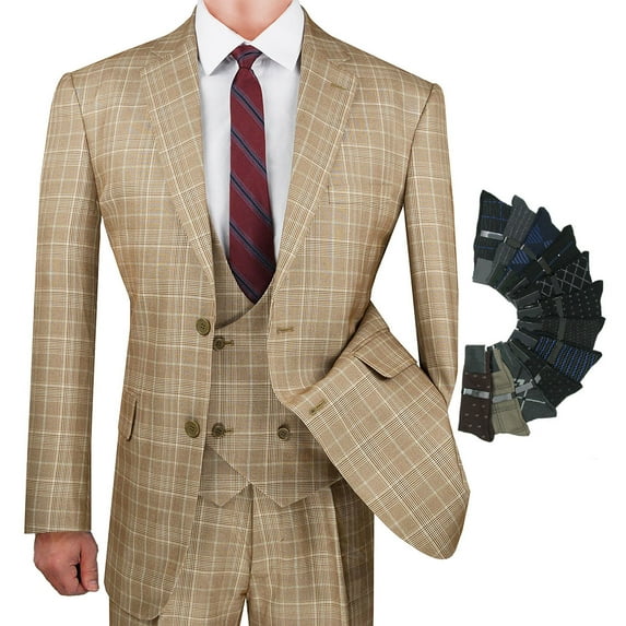 Luxurious Men's 3-Piece Glen Plaid Pattern Suit, Blazer, Vest and Pants w/1 Pair of Socks - Camel 38R