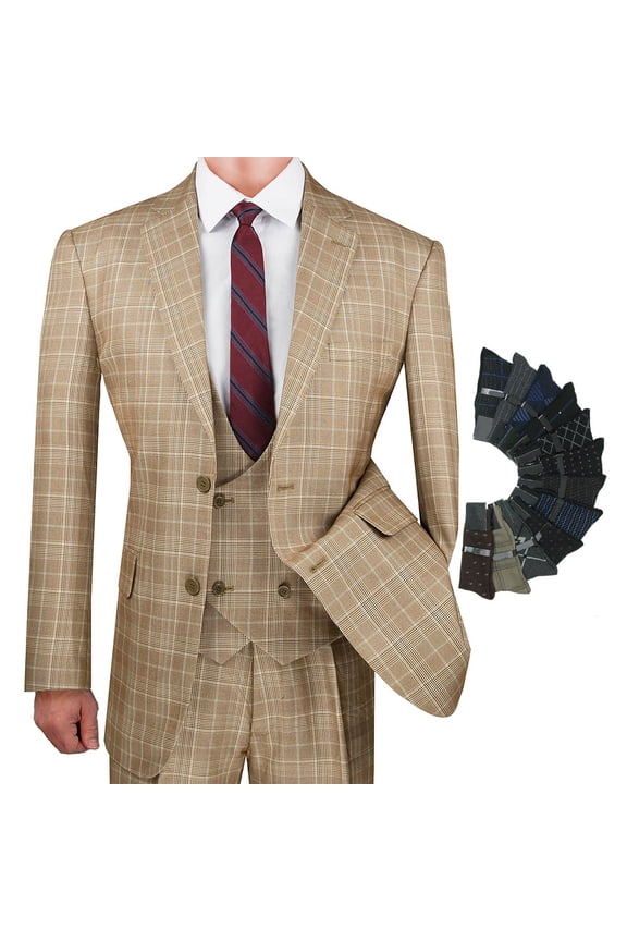 Luxurious Men's 3-Piece Glen Plaid Pattern Suit, Blazer, Vest and Pants w/1 Pair of Socks - Camel 52R