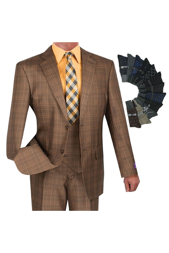 Luxurious Men's 3-Piece Glen Plaid Pattern Suit, Blazer, Vest and Pants w/1 Pair of Socks - Chestnut 42R