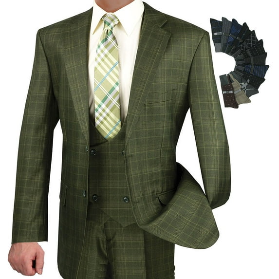 Luxurious Men's 3-Piece Glen Plaid Pattern Suit, Blazer, Vest and Pants w/1 Pair of Socks - Olive 38S