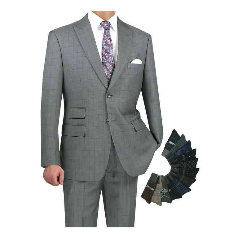 Luxurious Men s Modern Fit 2 Piece Windowpane Suit Jacket and Pants w 1 Pair of Socks Gray 52R Walmart