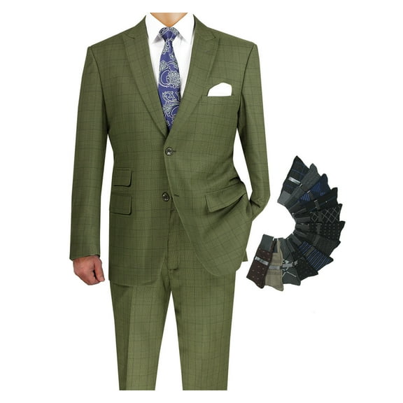 Luxurious Men's Modern-Fit 2-Piece Windowpane Suit, Jacket and Pants w/1 Pair of Socks - Olive 46R