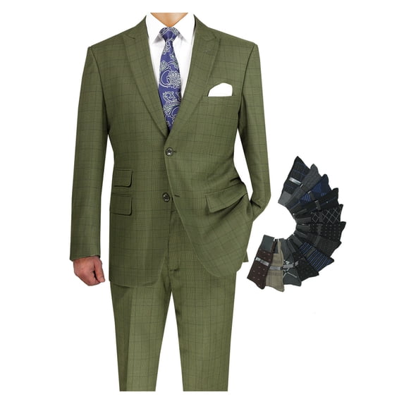 Luxurious Men's Modern-Fit 2-Piece Windowpane Suit, Jacket and Pants w/1 Pair of Socks - Olive 50L