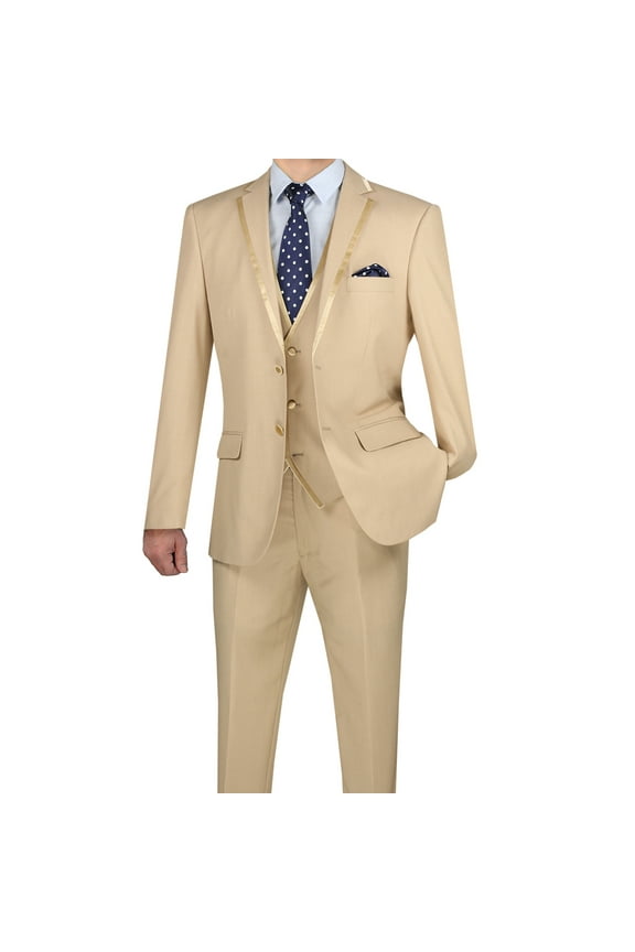 Luxurious Men's Slim-Fit 3-Piece Textured Solid Trimmed Lapel Suit - Beige 42S