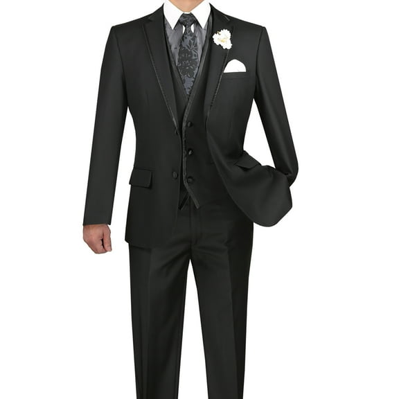 Luxurious Men's Slim-Fit 3-Piece Textured Solid Trimmed Lapel Suit - Black 38S