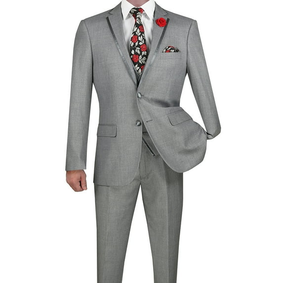 Luxurious Men's Slim-Fit 3-Piece Textured Solid Trimmed Lapel Suit - Light Gray 42R