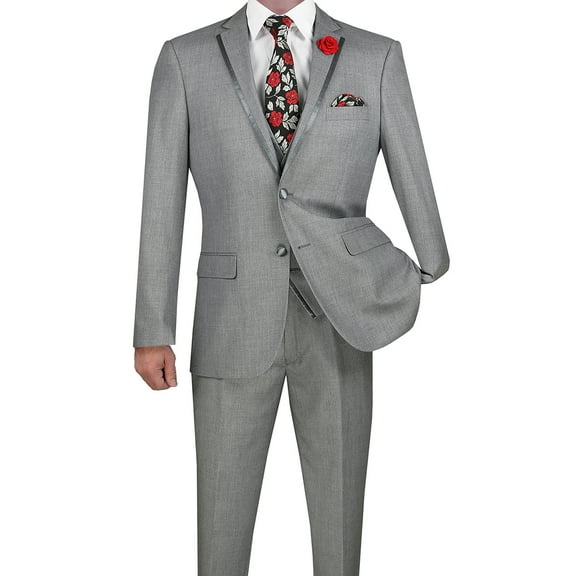 Luxurious Men's Slim-Fit 3-Piece Textured Solid Trimmed Lapel Suit - Light Gray 42S