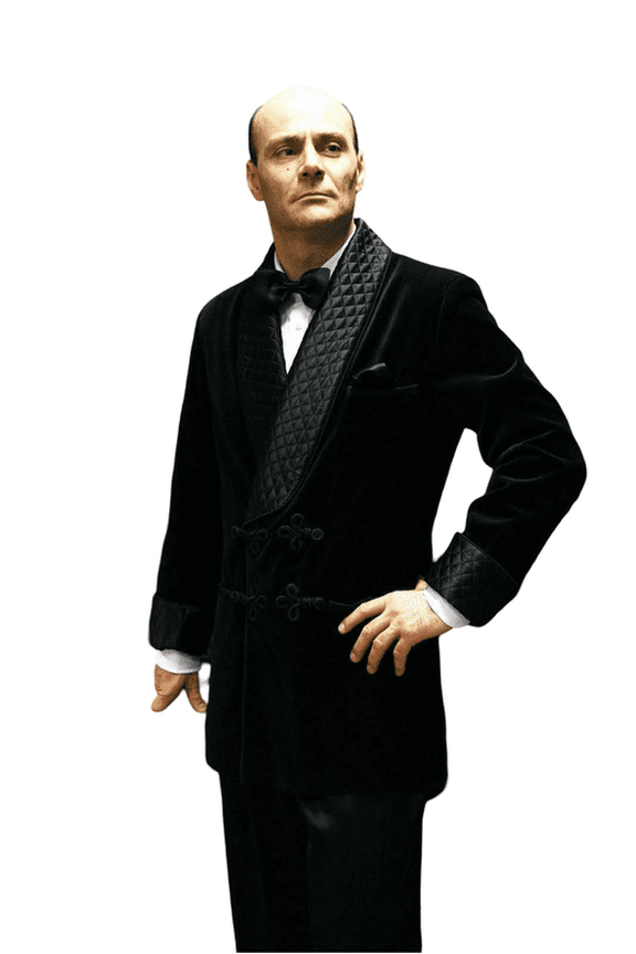 Luxurious Mens Quilted Black Smoking Velvet Jacket - Frogging Style for Evening Events