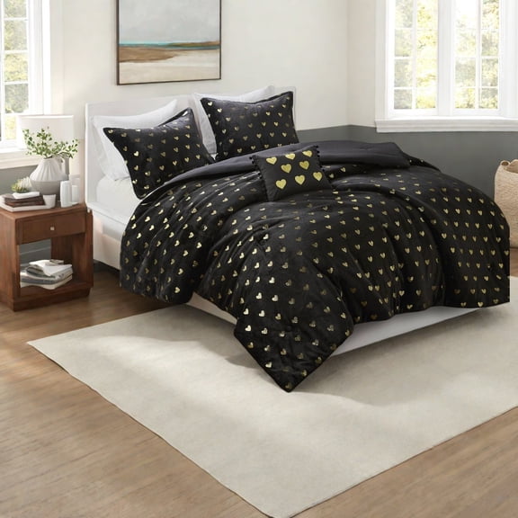 Luxurious Metallic Plush Bedding Sets Queen Size Black Gold Modern Design