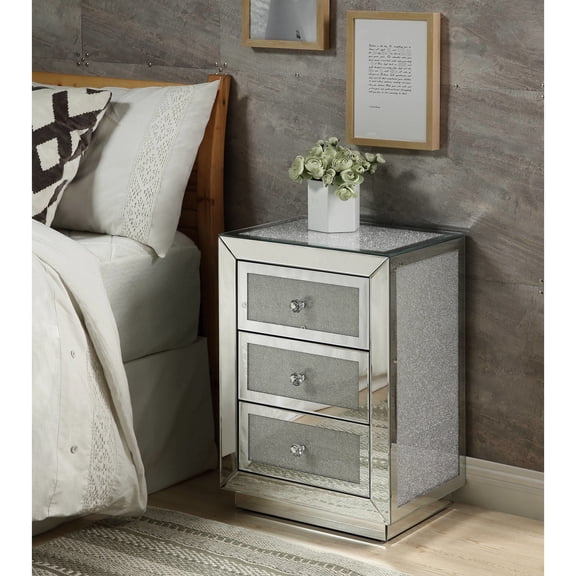Luxurious Mirrored & Faux Diamonds Study Table - Rectangular, 3 Drawers Splendid Accent With Decoration Drawer Case, Silver Glance, Synthetic Wood Metal Frame, Instantly Charming
