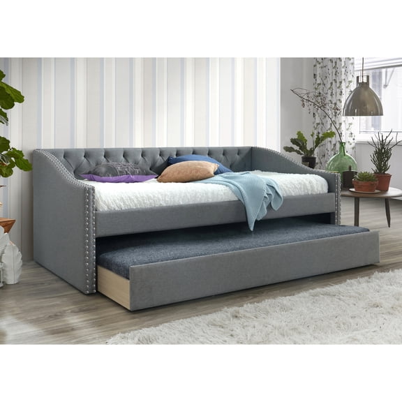 Luxurious Modern Daybed, Gray, Button With Nailhead Trim, Pull Out Trundle For Bedroom And Living Room Daybed In Accents, Decor