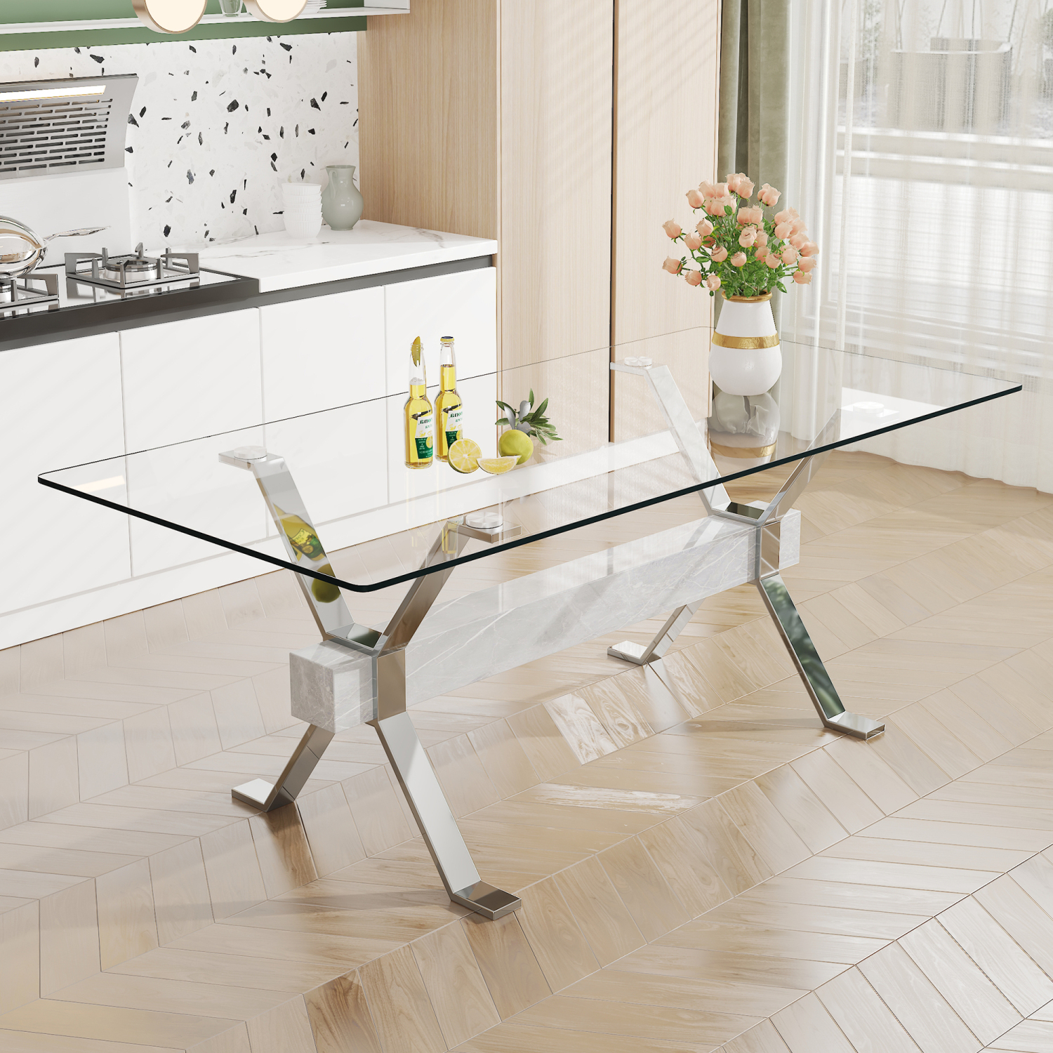 Luxurious Modern Dining Table Tempered Glass Top with SilverPlated