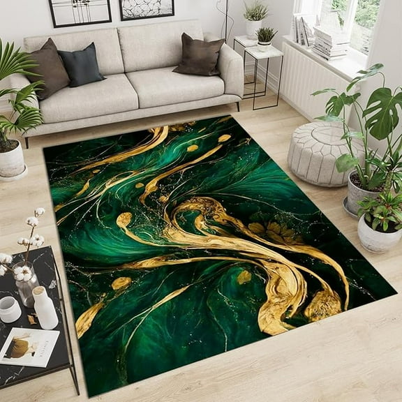Luxurious Modern Emerald Green Area Rugs, Modern Abstract Gold Ink Stripe Art Indoor Non-Slip Rug, With Anti-Slip Backing Washable Carpet For Living Room Bedroom Dining Room 3' x 4'