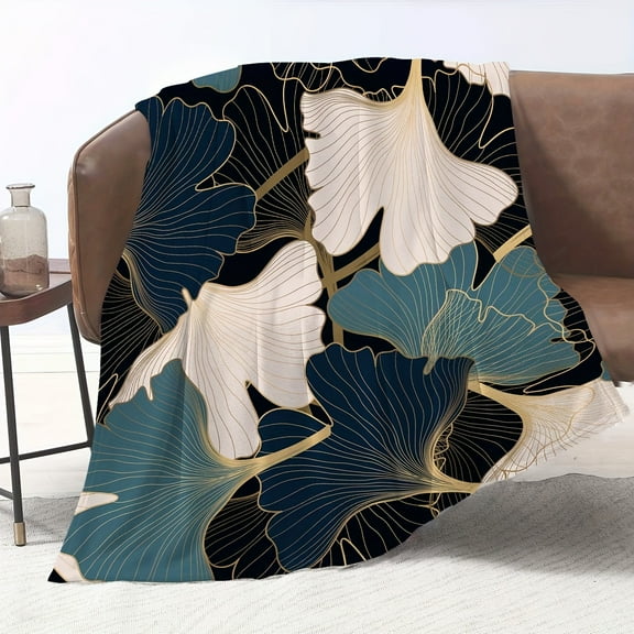 Luxurious Modern Golden Leaf Flannel Blanket - Elegant Artistic Design with Dark Blue & Beige Ginkgo Leaves, Soft & Warm All-Season Throw, Tear-Resistant