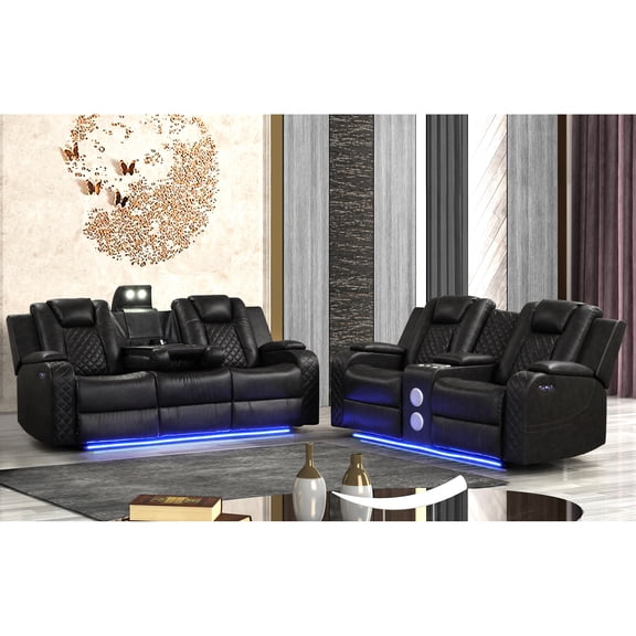 Luxurious Modern Led & Power Recliner 2 Pc In Black - With Adjustable Headrests, Ports, And Beverage Holders For A Relaxing Time Stylish Faux Leather Sockets, Cup Resting Areas Luxury Life
