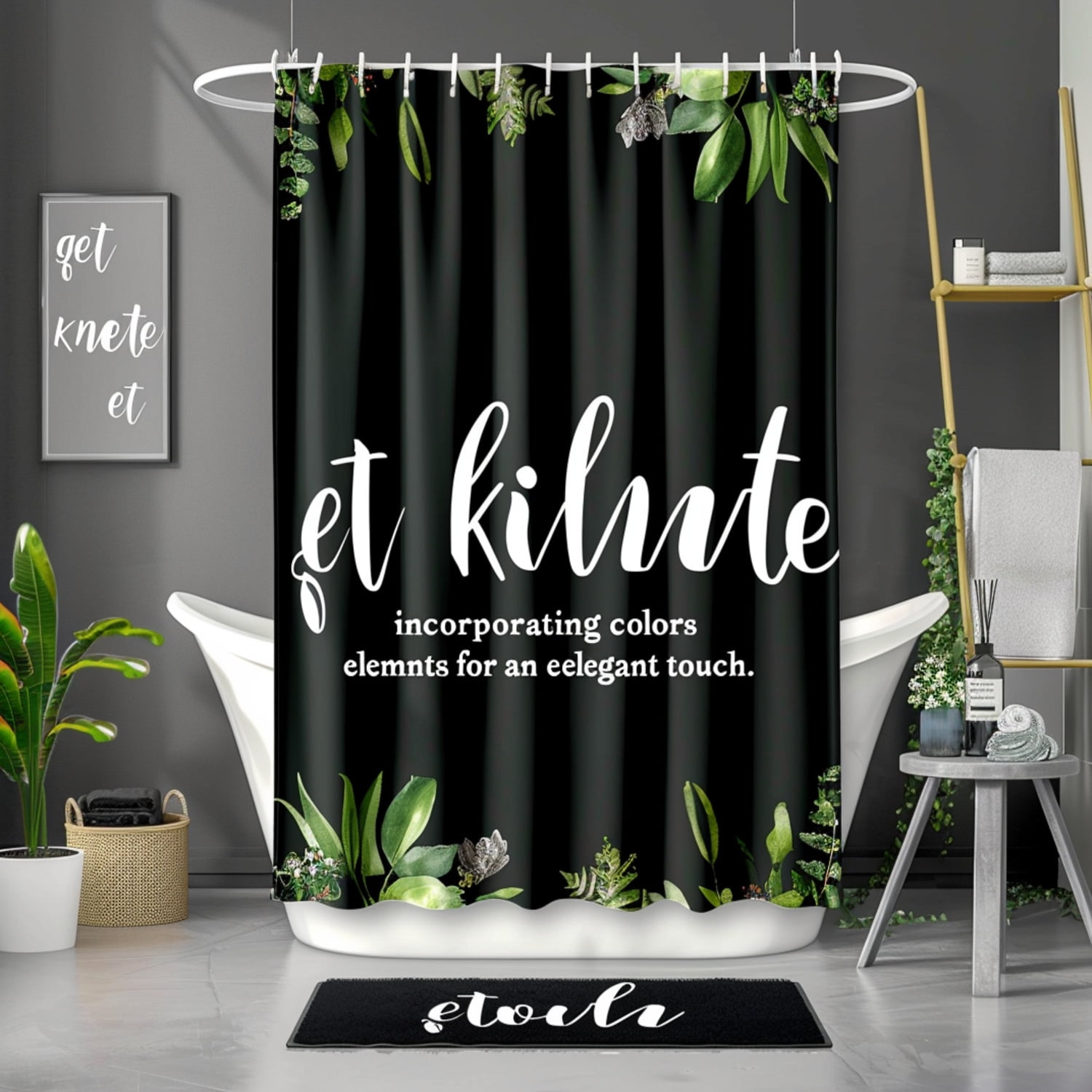 Luxurious Monochrome Botanical Bathroom Set with Elegant Cursive Quote ...