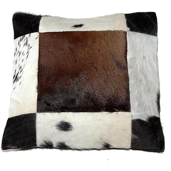 Luxurious Multi-Coloured Patchwork Cowhide Cushion Covers – 15 x 15 Inches – Crafted from 100% Natural Cowhide Skin – Unique Patterns and Textures – Reversible Design with Soft Brown Velvet Backing