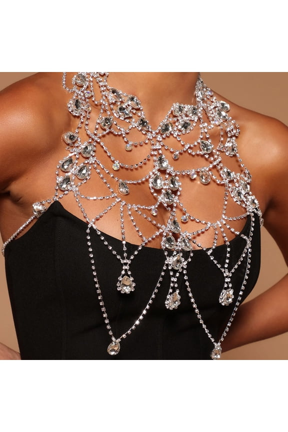 Luxurious Multi-Layer Rhinestone Body Chain with Silvery Fashion Brooch and Exaggerated Pendants, Sexy Punk Style, Eid Gift for Women'S Body Exquisite Accessory