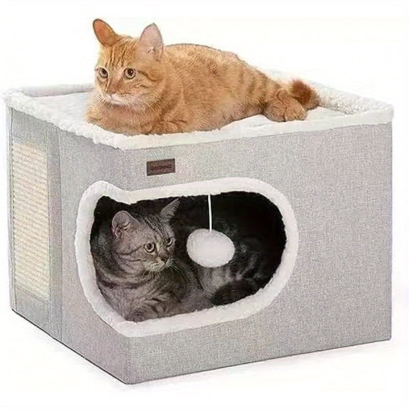 Luxurious Multi-Tier Cat House with 2-Tier Bed, Toy Tunnel & Foldable Scratching Post, Plush Cat Cube Bed with Hanging Ball, Nylon & Canvas, 16.5x16.5x13 Inches, Space-Saving for Small Indoor Spaces