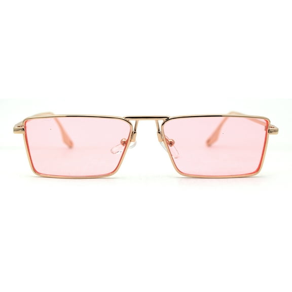 Luxurious Narrow Rectangular Metal Rim High Temple Sunglasses Gold Pink