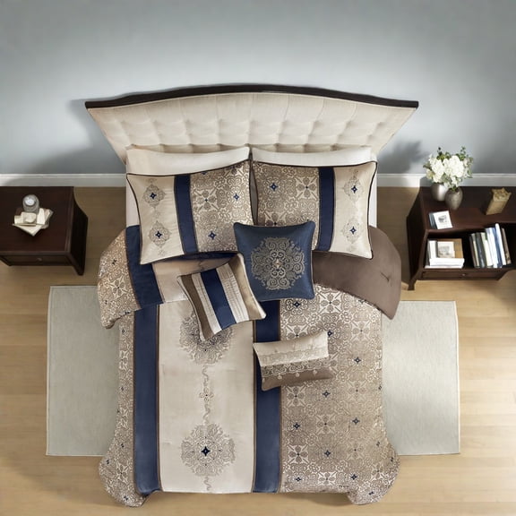 Luxurious Navy Jacquard Bedding Set Hypoallergenic Polyester Modern Style for Home