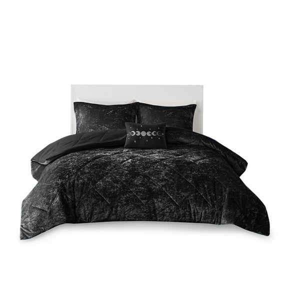 Luxurious and Opulent Ergode Velvet Comforter Set - Black Crushed Velvet with Quilted Diamond Top - Includes Matching Shams and Decorative Pillow - Hypoall